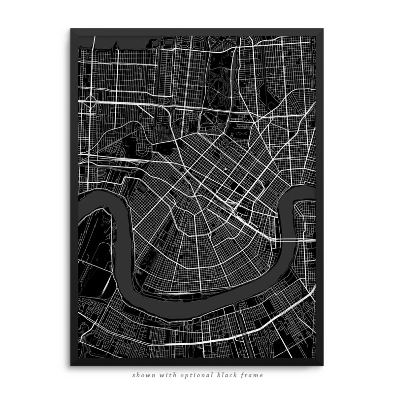 New Orleans LA City Street Map Black Poster