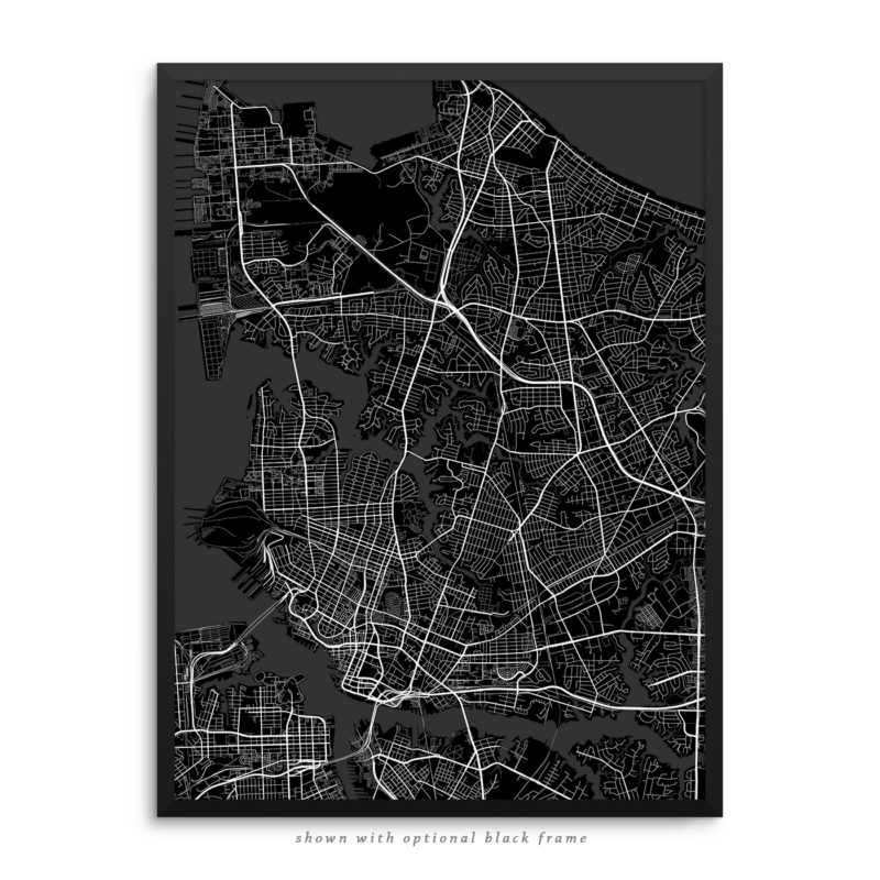 Norfolk VA City Street Map Black Poster