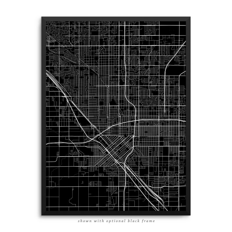 Fresno CA City Street Map Black Poster