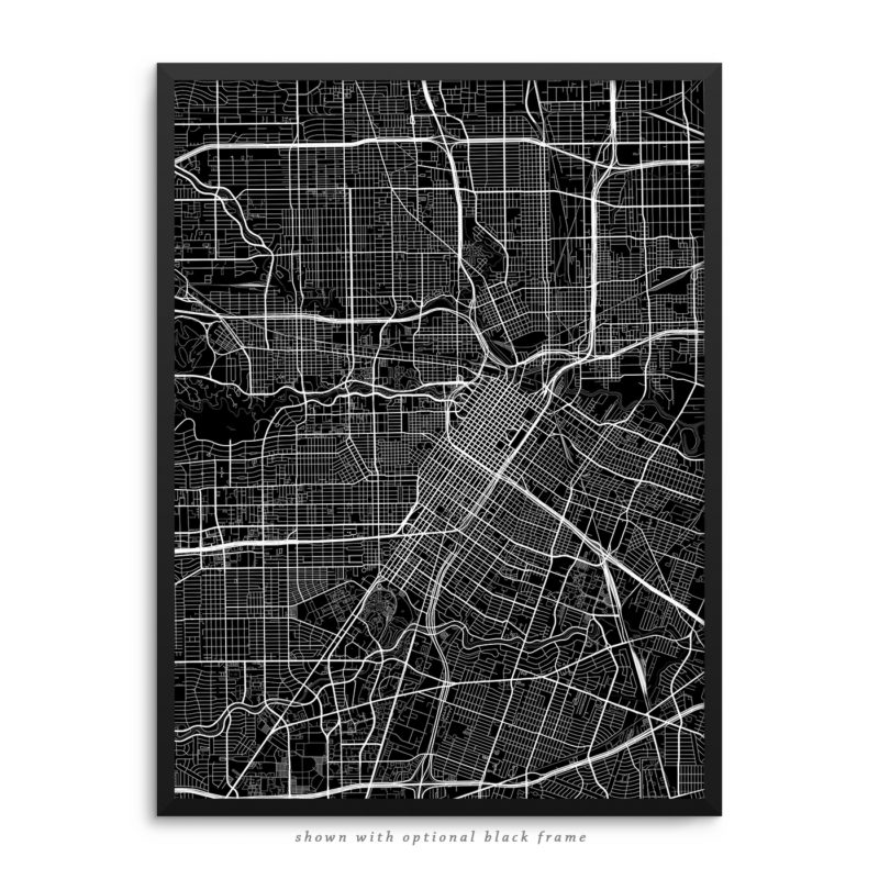 Houston TX City Street Map Black Poster