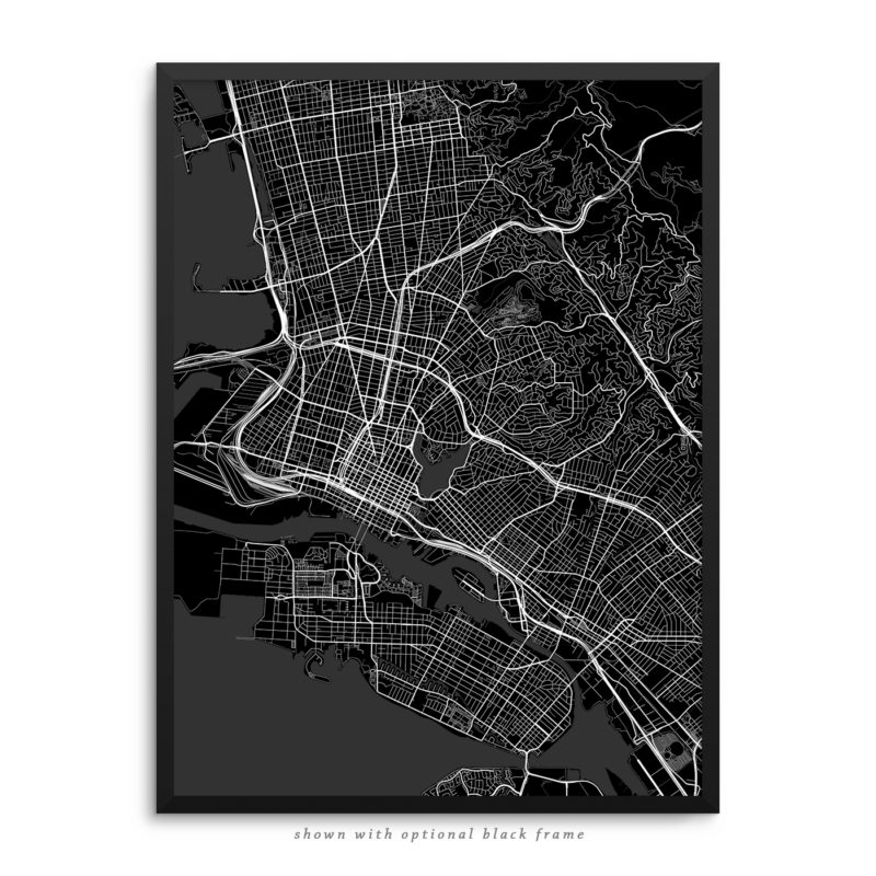 Oakland CA City Street Map Black Poster