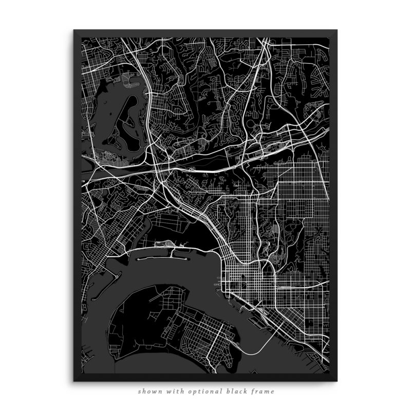 San Diego CA City Street Map Black Poster