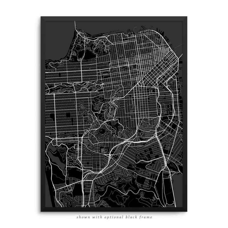 San Francisco CA City Street Map Black Poster