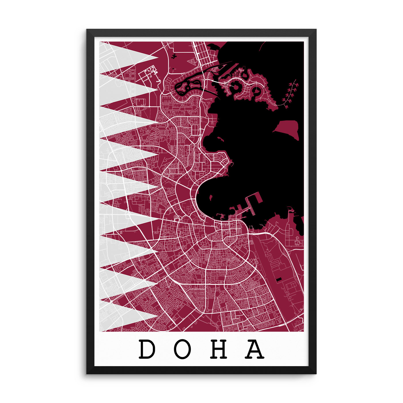 Doha Qatar  Flag Map Poster City Map Decor 