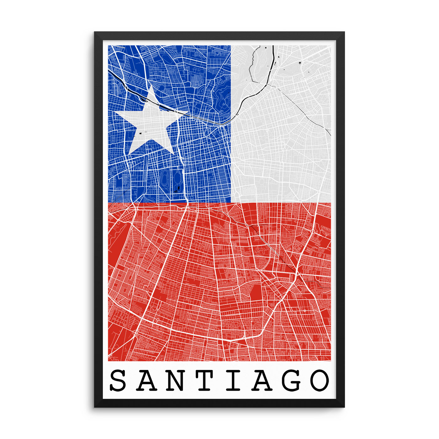 Santiago Chile Flag Map Poster