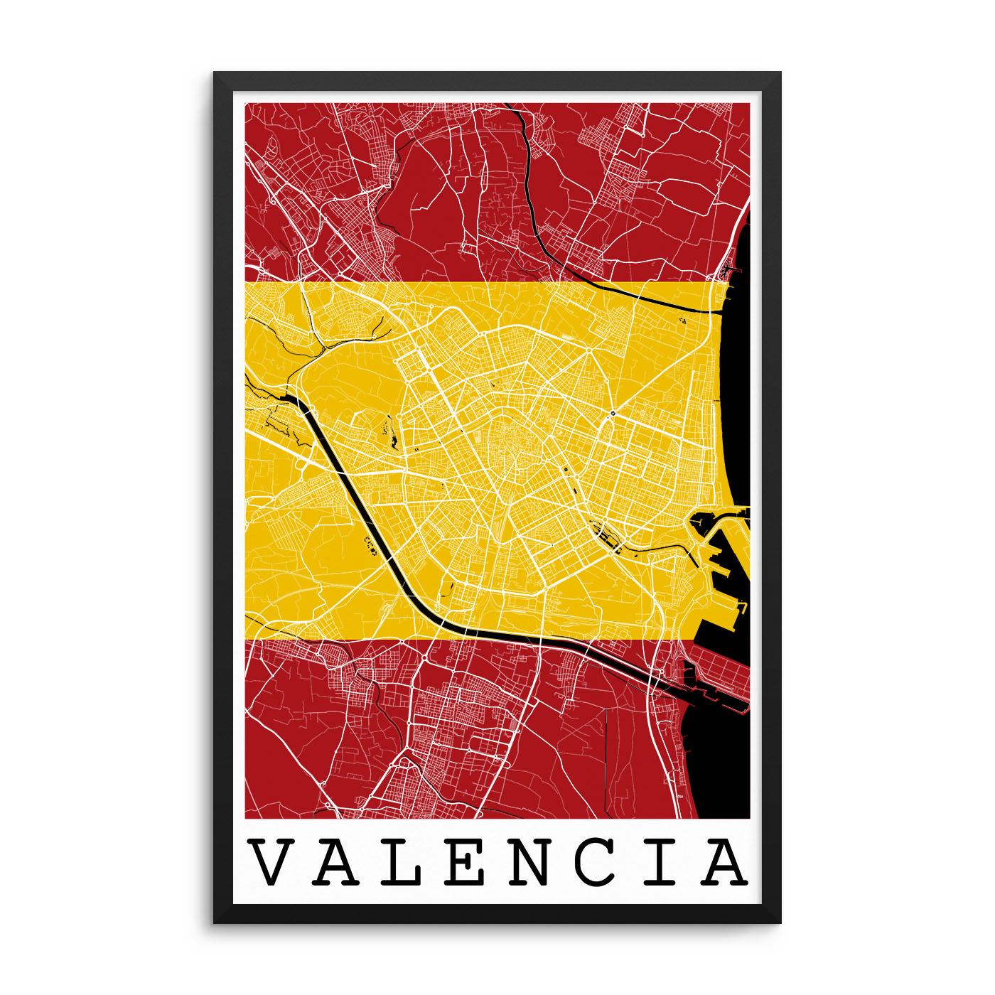 Valencia Spain Flag Map Poster