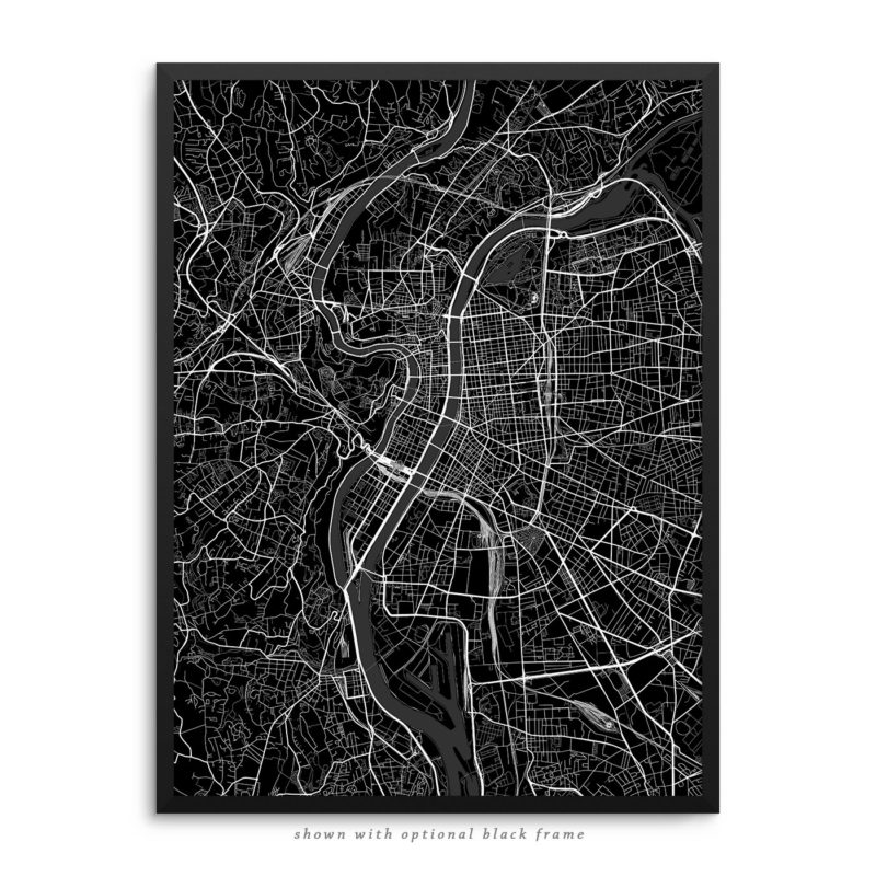 Lyon France City Street Map Black Poster