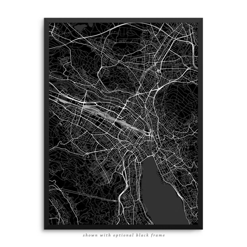 Zurich Switzerland City Street Map Black Poster