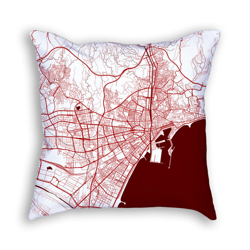 Malaga Spain City Map Art Decorative Throw Pillow
